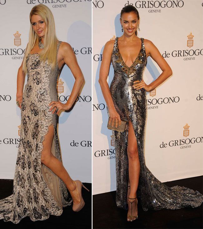 Cu piciorul inainte. Paris Hilton si Irina Shayk, imbracate asemanator la aceeasi petrecere. Care e mai sexy?
