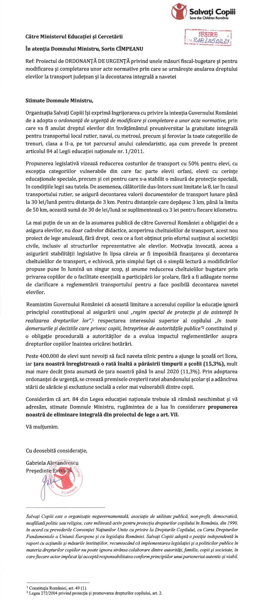 Apel: Salvați Copiii cere ministrului Educatiei să nu elimine gratuitatea transportului școlar