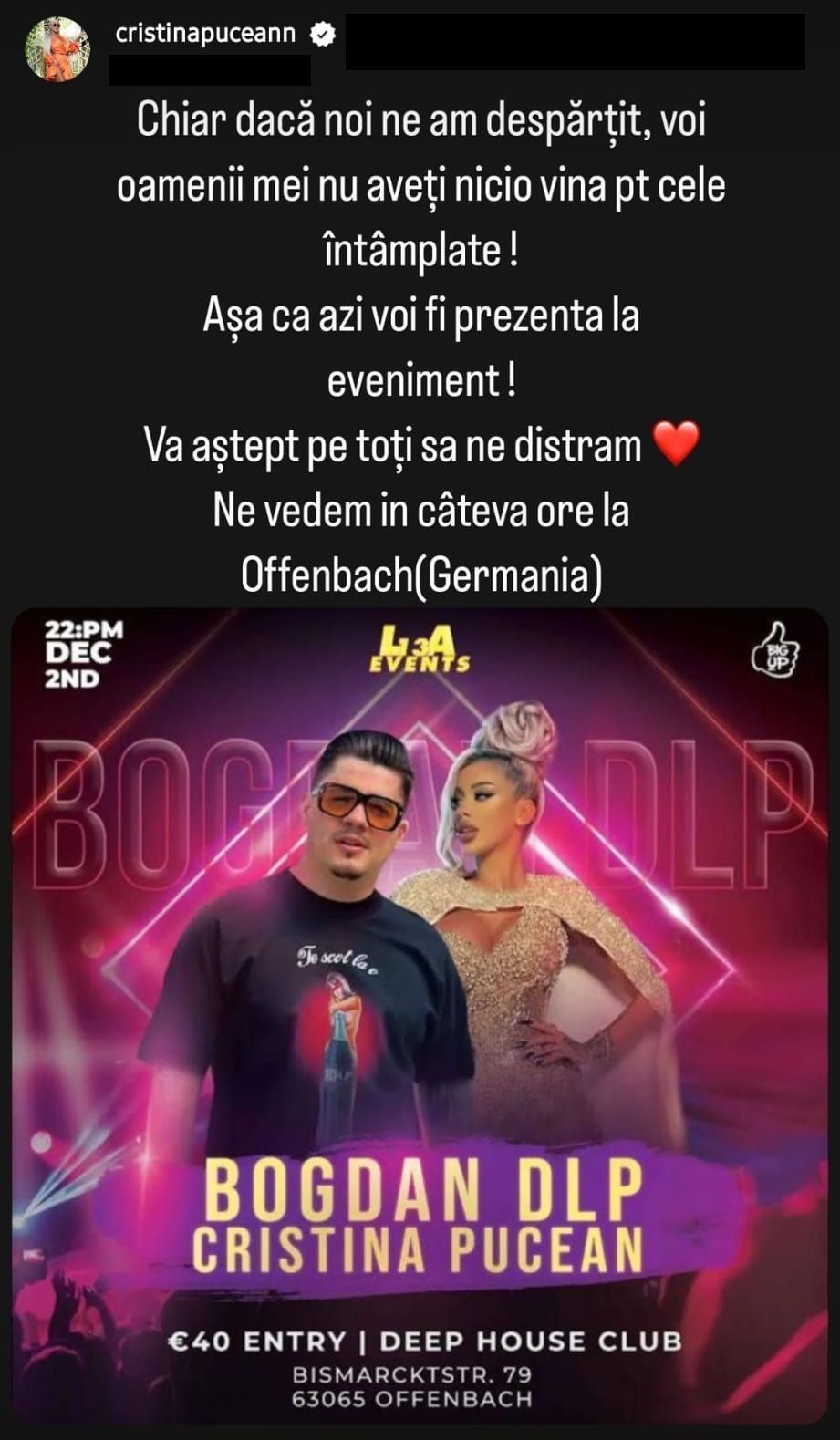 Cristina Pucean, alături de Bogdan de la Ploiești la un eveniment, chiar dacă s-au despărțit: &bdquo;Vă aștept pe toți&rdquo;